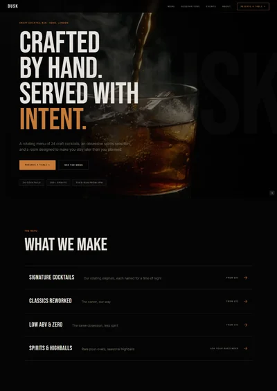 Cocktail bar website prompt — pure black and deep amber craft cocktail bar cinematic website design preview