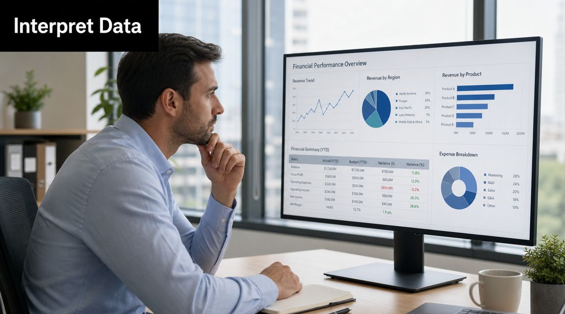 A professional man looking at business analytics dashboards displayed on a desktop monitor in an office.