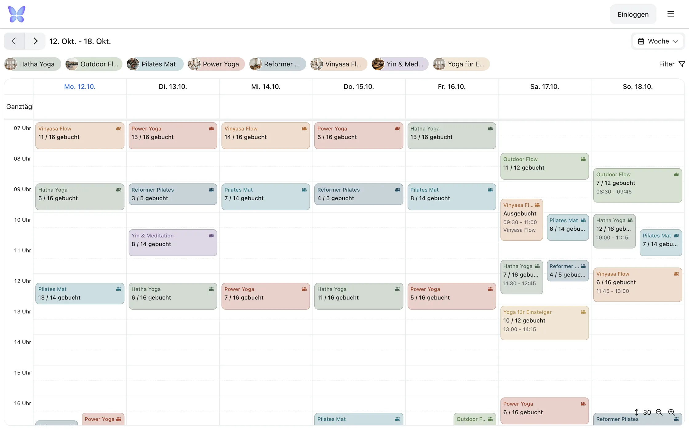 Weekly class schedule with fully booked evening classes