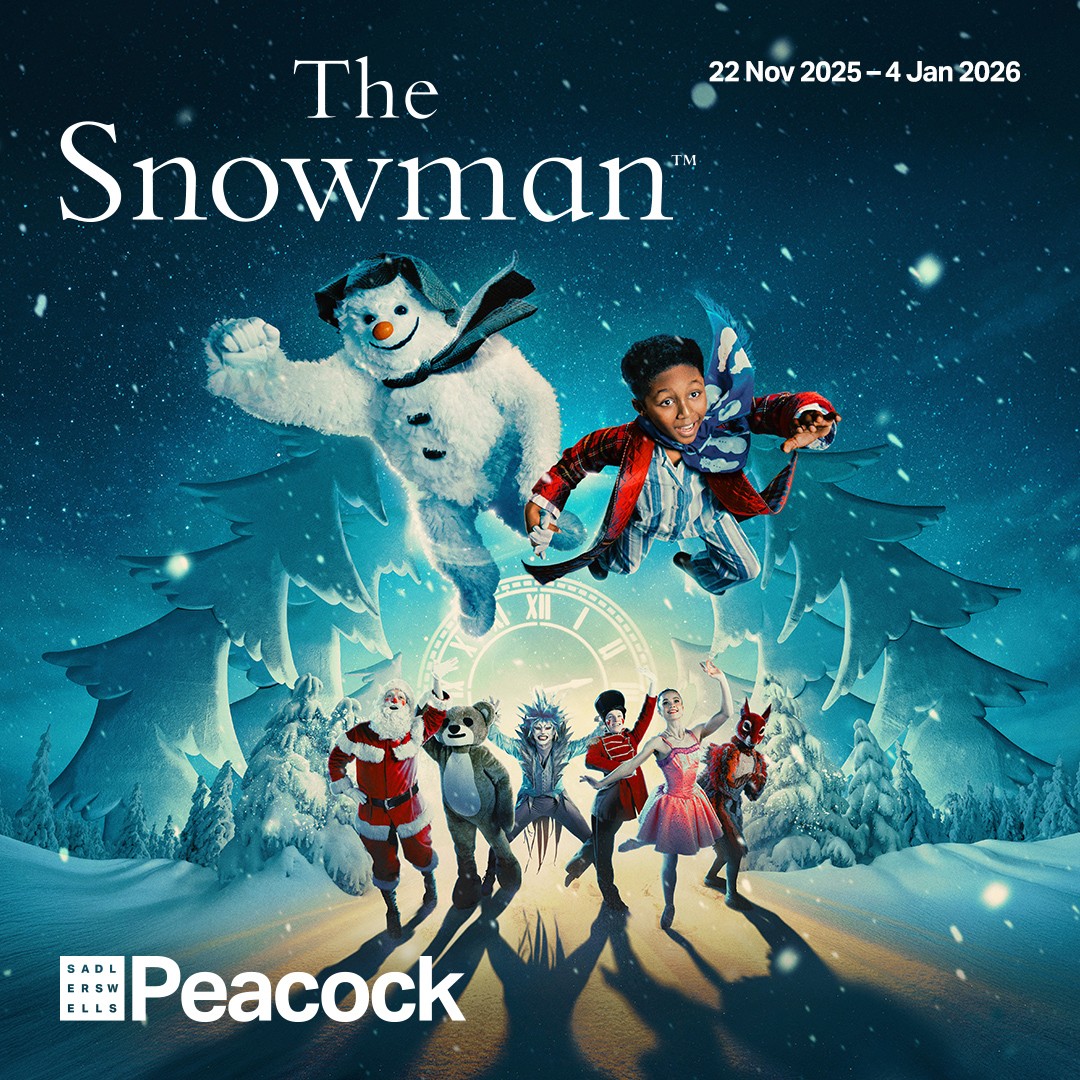 Snowman and child flying over snowy landscape with festive characters below.