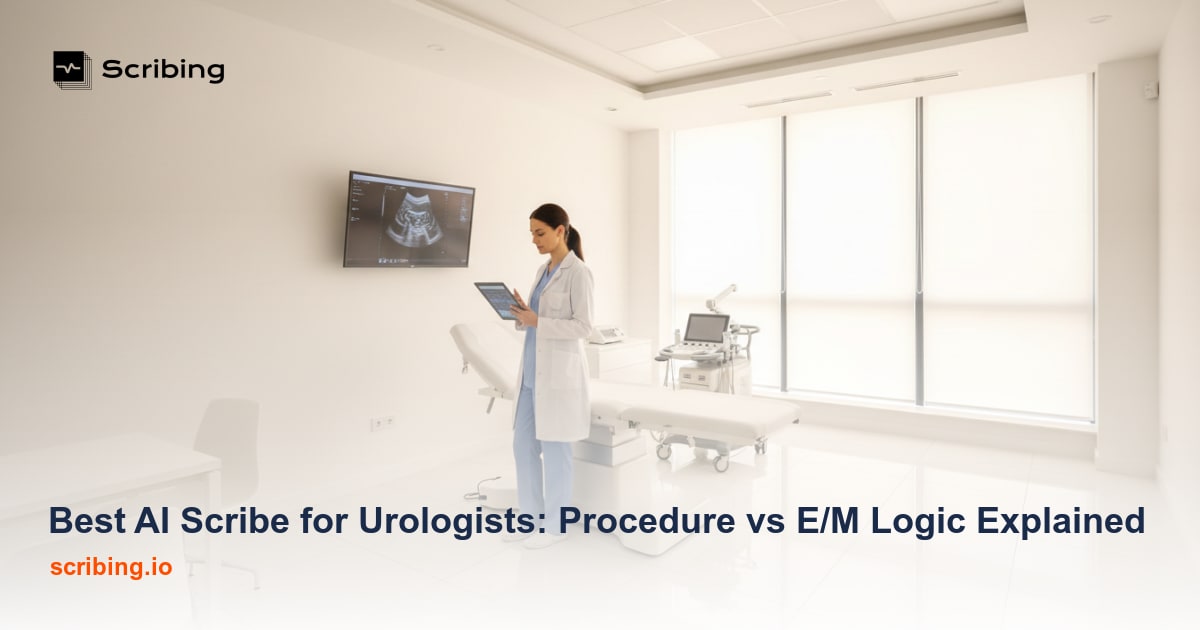 Modern urology clinic workspace illustrating AI-powered medical documentation separating procedure notes from evaluation and management records