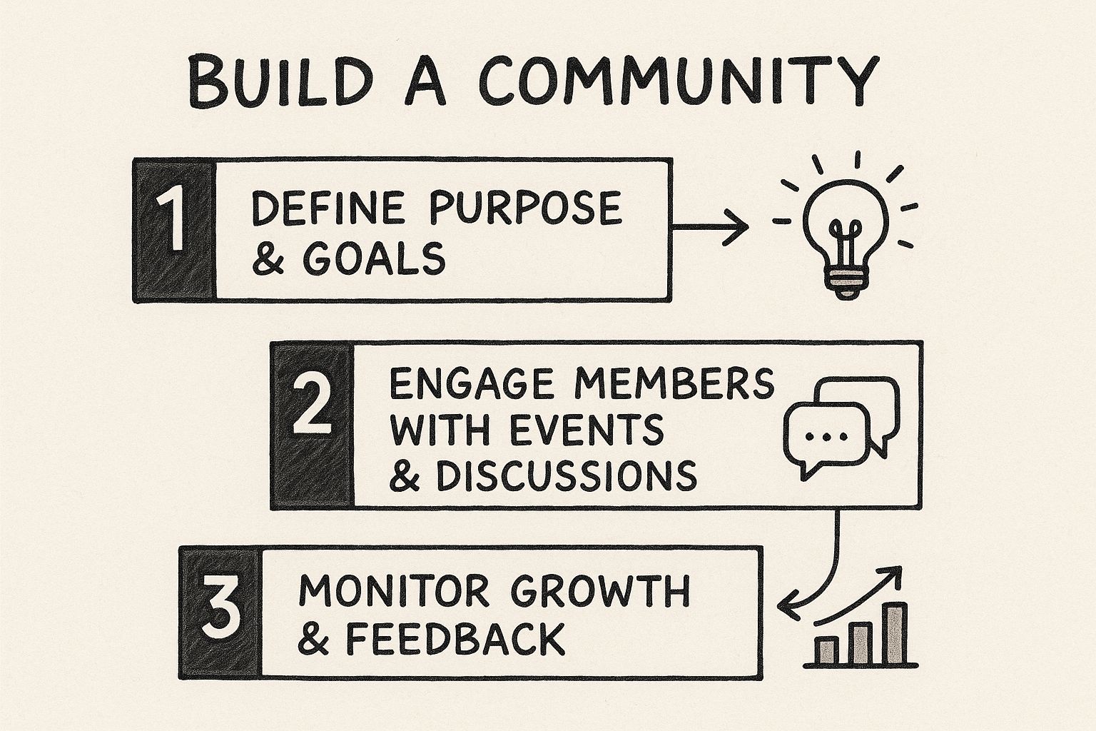 Infographic showing a three-step process flow to build a community: Define Purpose & Goals, Engage Members, Monitor Growth & Feedback.