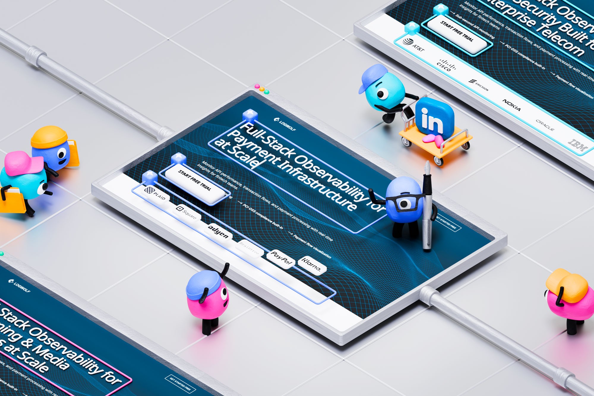 Tinct's 3D mascots building a personalized landing page for a fintech prospect, with multiple industry-specific versions visible in the background — generated automatically, no dev work required.
