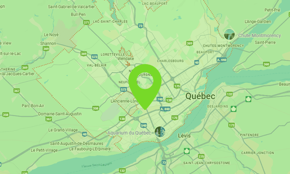 Carte montrant la zone de Québec étant desservie par B2Web, spécialiste en création de sites web professionnels