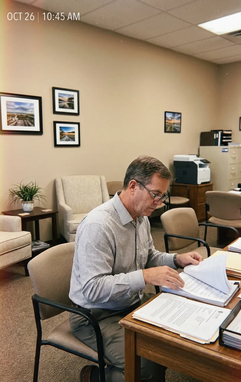 Man at desk reviewing files, RockN' Socials Digital Marketing Agency office.