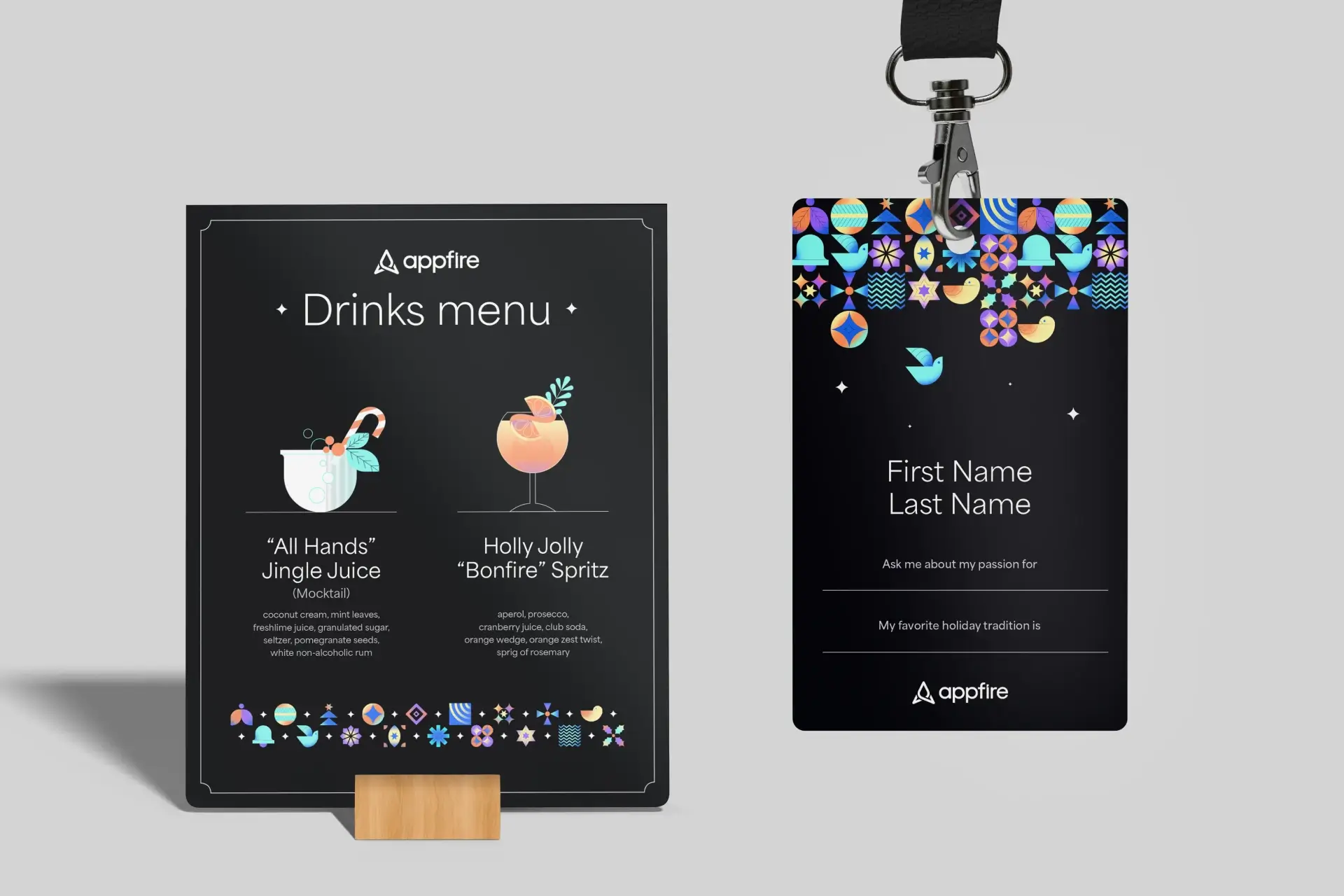Black drinks menu and name tag on gray background. Menu lists two drinks with colorful icons. Name tag features festive designs and placeholder text.