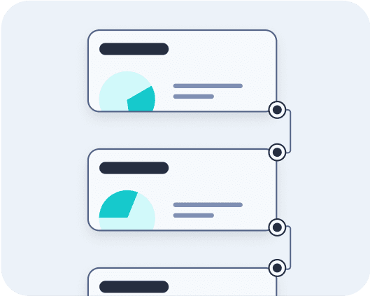 Illustration of a flow chart with interconnected rectangular boxes, each containing pie charts and lines of text, against a light gray background.