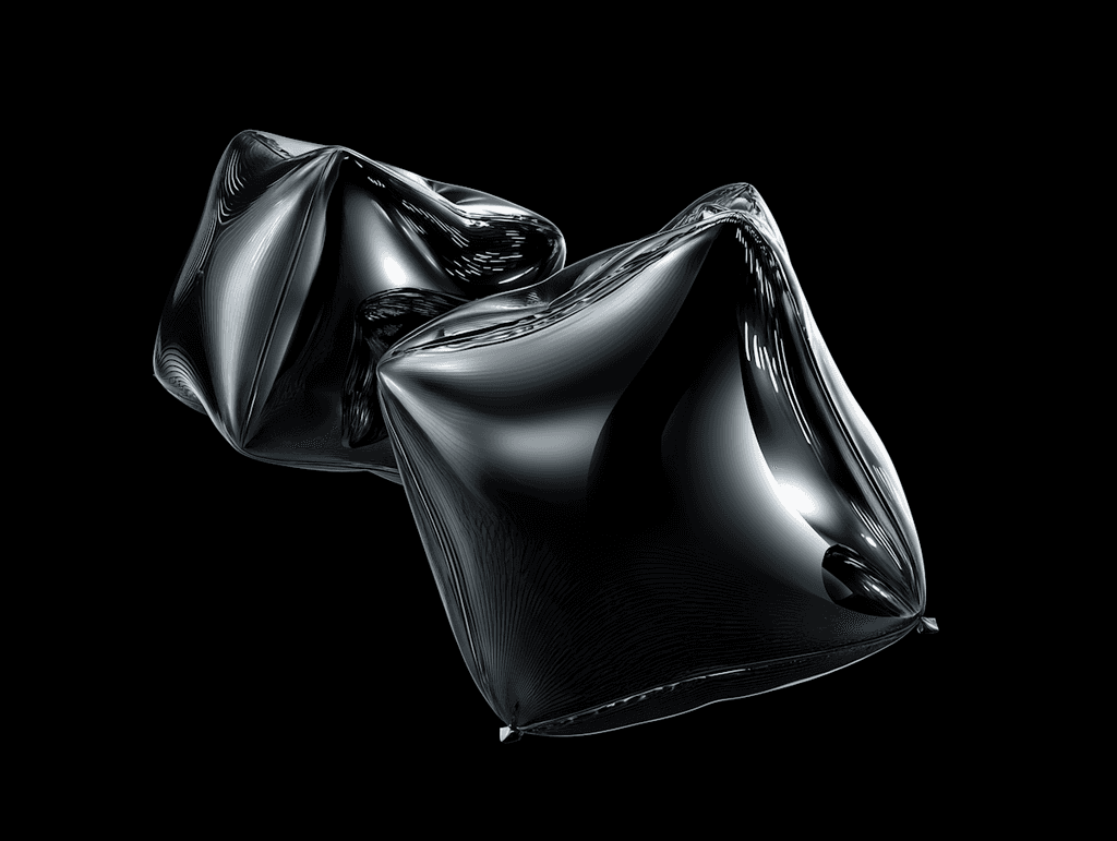 Abstract glossy black shapes with reflective surfaces floating against a black background, creating a sleek and modern visual.