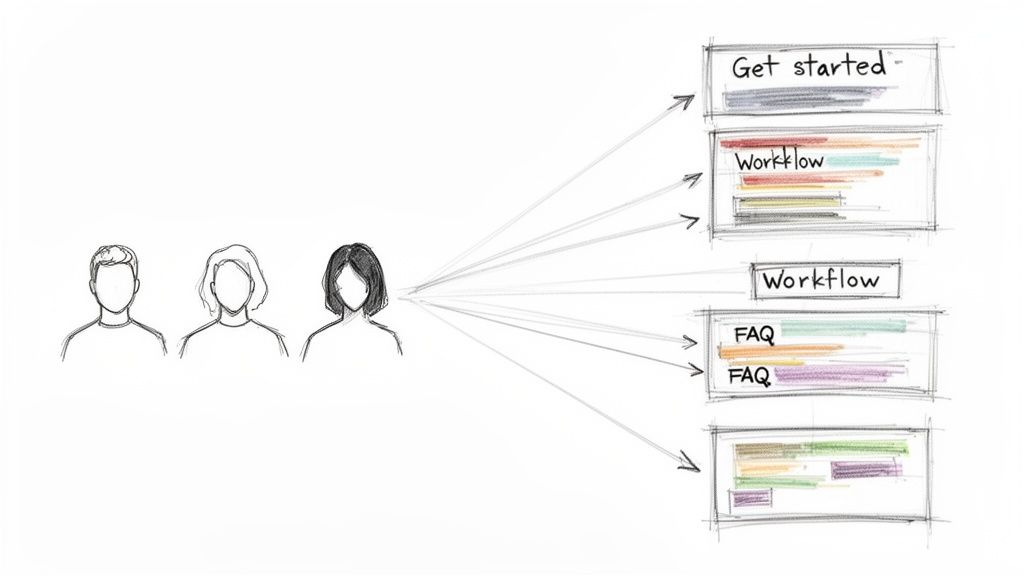 Illustration of individuals accessing various knowledge resources and workflows, demonstrating personalized content delivery.