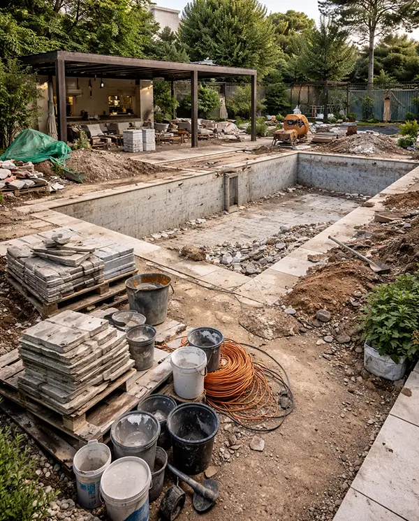 Αποξηλωμένος εξωτερικός χώρος και αυλή με πισίνα σε στάδιο ανακαίνισης, εργασίες προετοιμασίας πριν την τελική διαμόρφωση από τη Design Chama