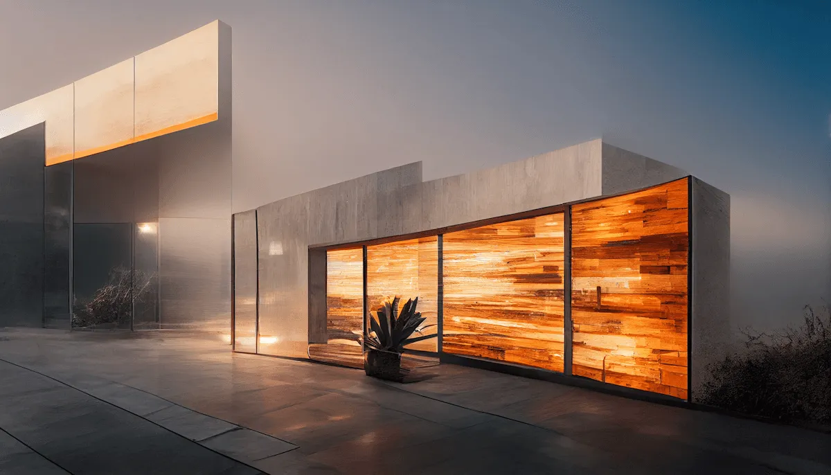 A modern building with large glass windows, illuminated warmly, surrounded by mist and a serene landscape.