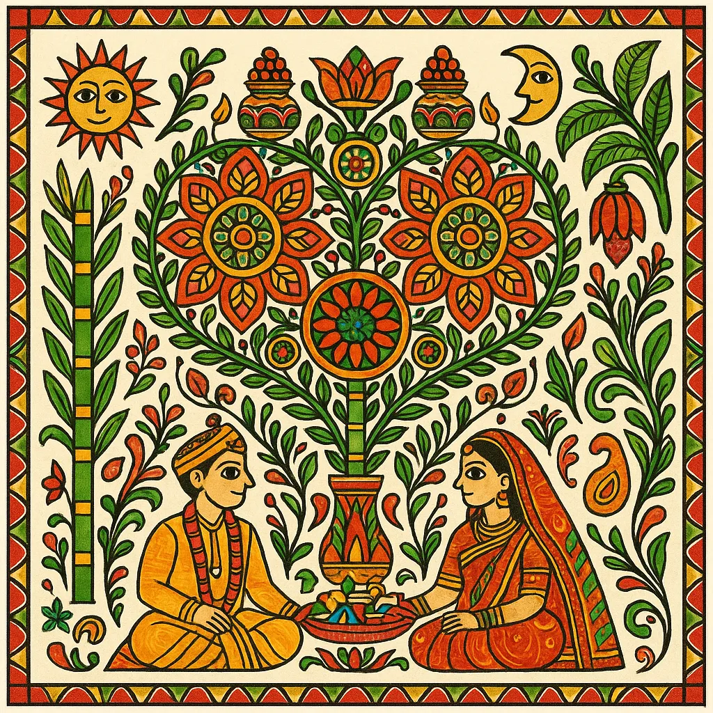 a madhubani style art showing bride groom and mithila motifs