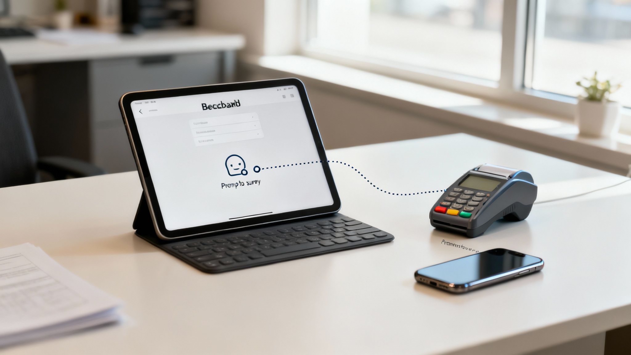 A tablet with 'Beccbard' app linked to a payment terminal, ready for customer feedback.