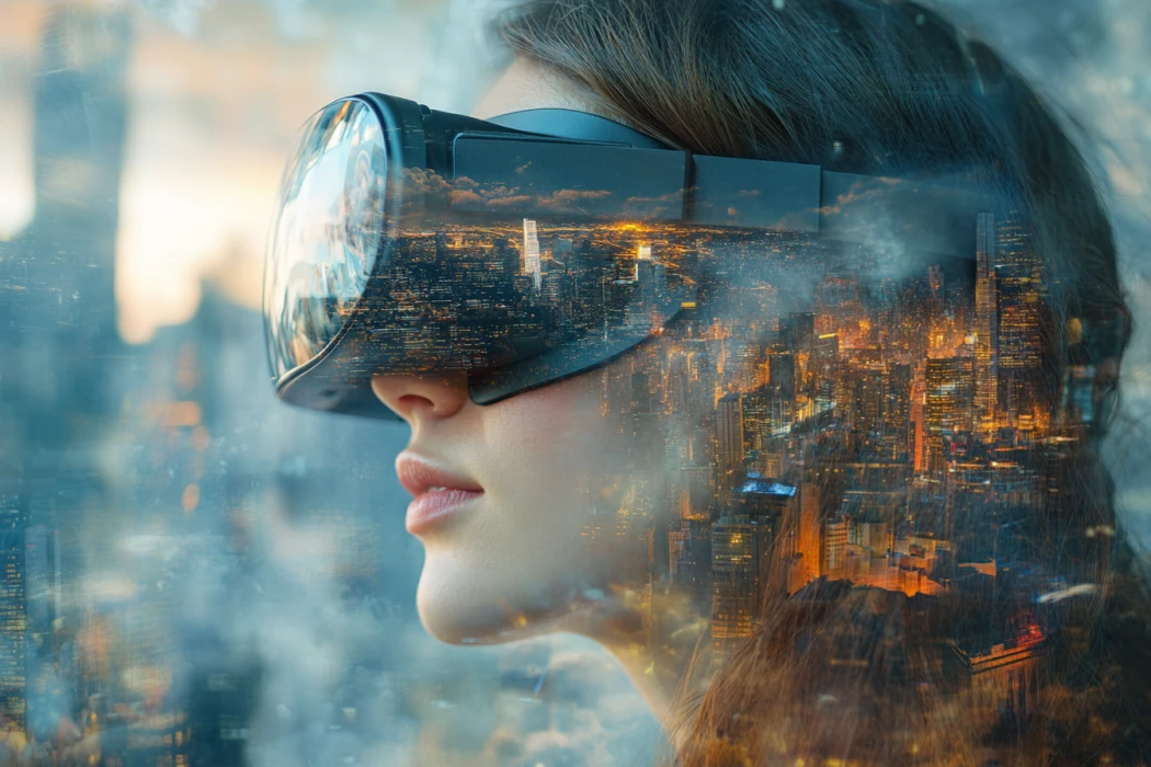 Woman wearing VR goggles, double exposed with a city scape.