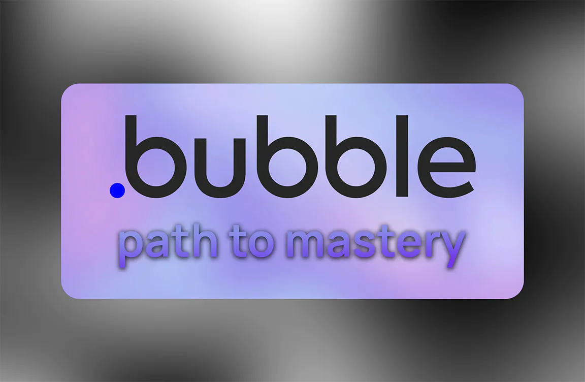 Bubble.io logo on a purple gradient background. The logo features "bubble" in black lowercase letters with a blue dot before it. Below, the tagline "path to mastery" appears in embossed purple text. This image represents Lucas Ostrowski's guide to becoming proficient in Bubble.io, a popular no-code development platform for creating web applications without traditional coding.