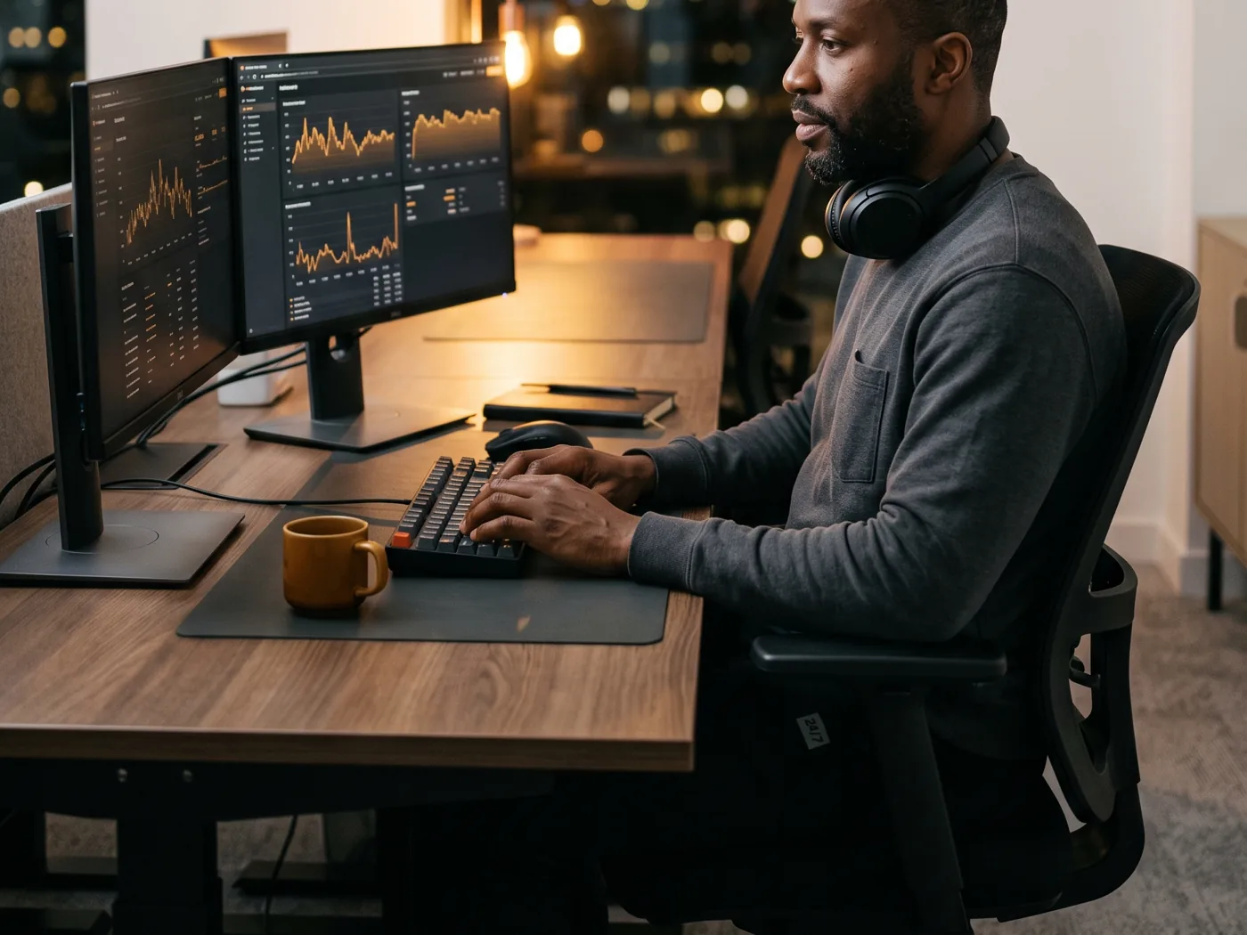 A developer at two monitors at night with city lights behind