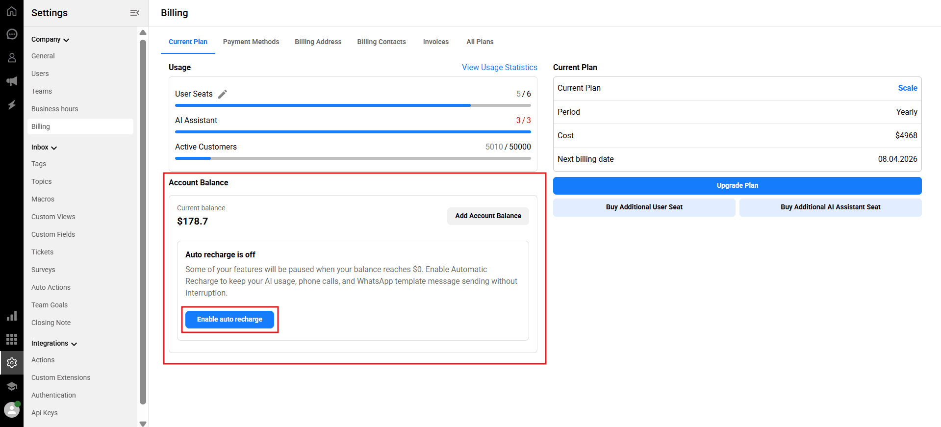 A screenshot of the Qpien Billing dashboard highlighting the Account Balance section and the Auto recharge toggle]