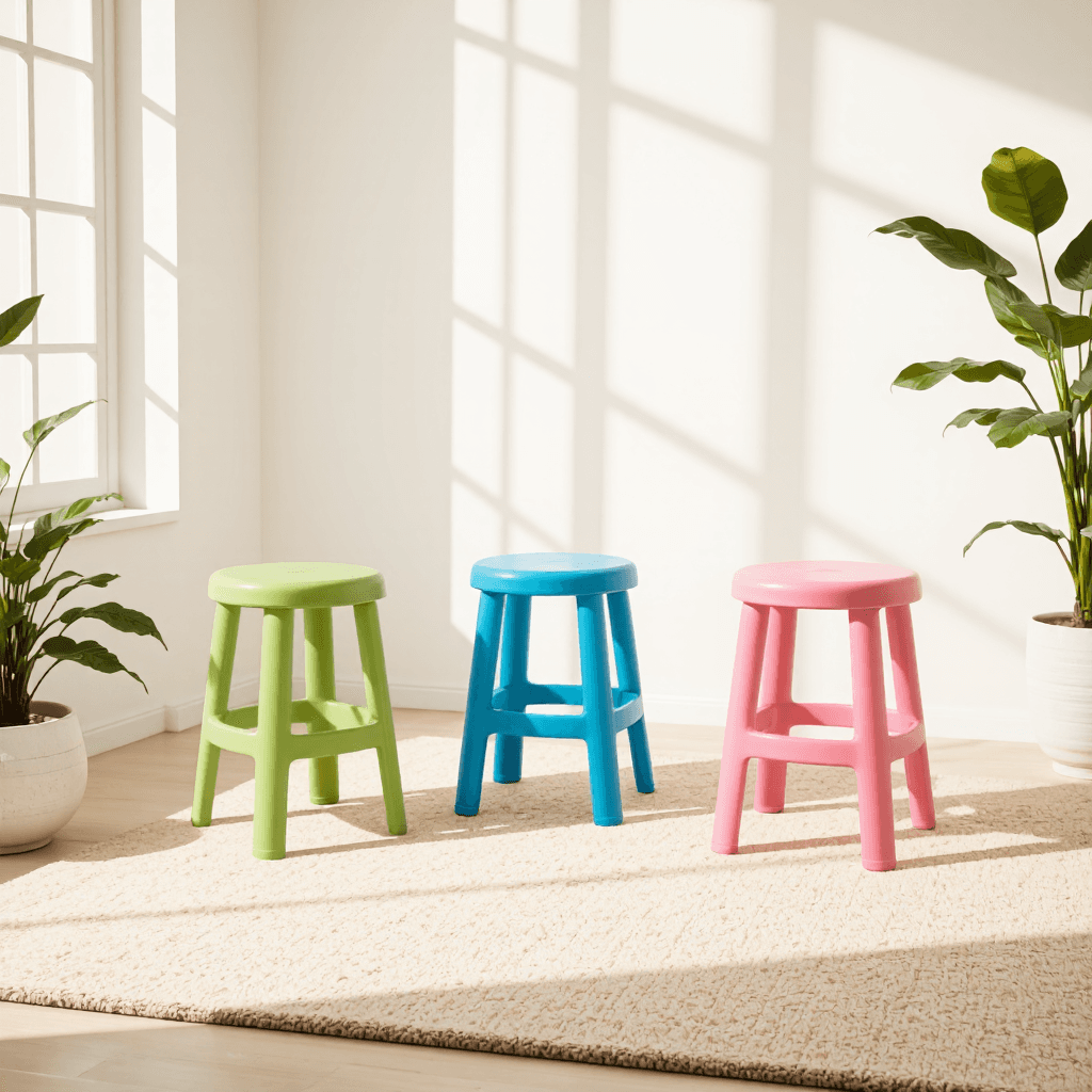 product photography of set of colorful plastic stools