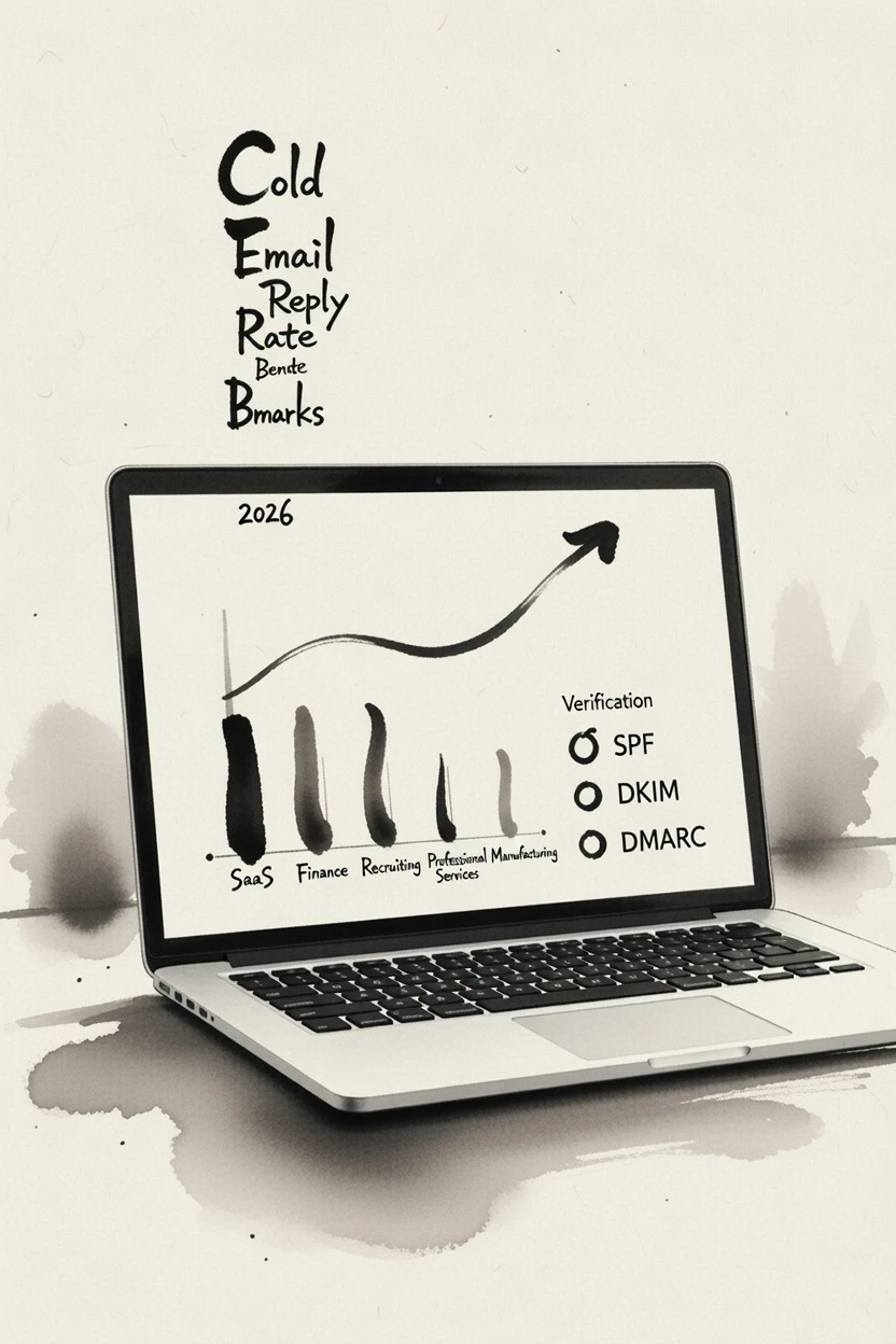Cold email reply rate dashboard for 2026 showing 3–5% benchmark range, upward trend line to 8%+, industry comparison chart (SaaS, finance, recruiting, professional services, manufacturing), and deliverability indicators for SPF, DKIM, and DMARC on a modern analytics screen.
