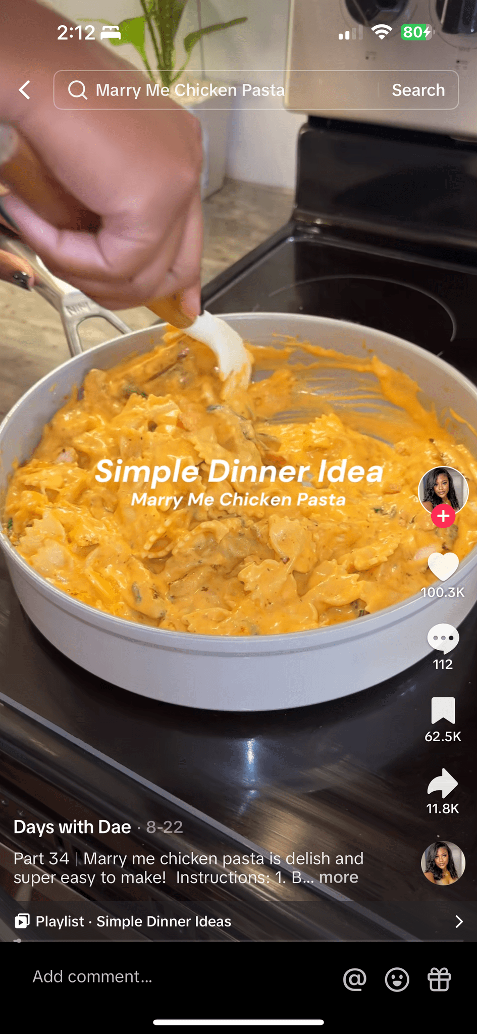 tiktok screenshot simple dinner idea chicken pasta