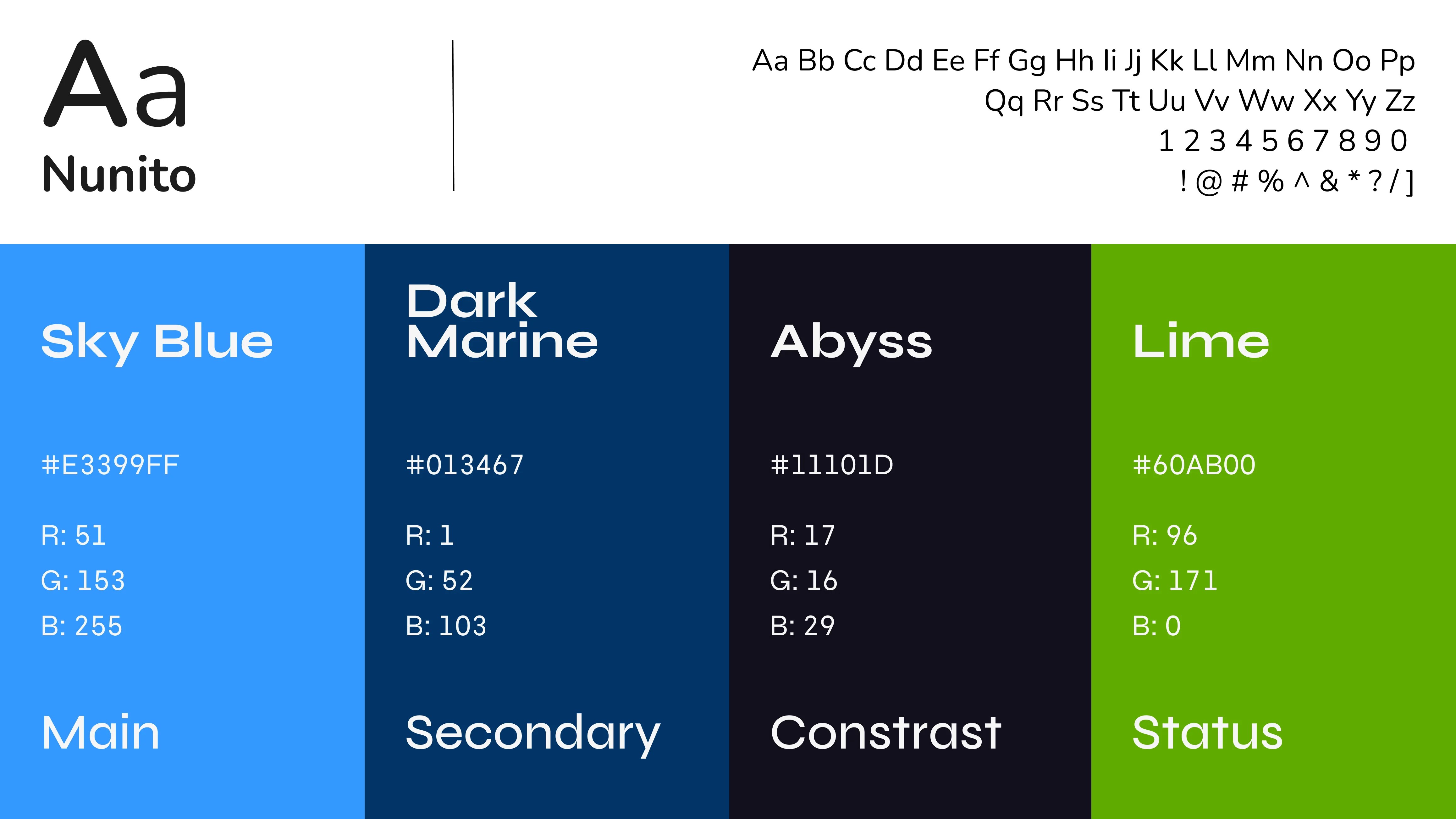 The color palette for the font Nunito: a range of vibrant and harmonious colors to enhance your design.