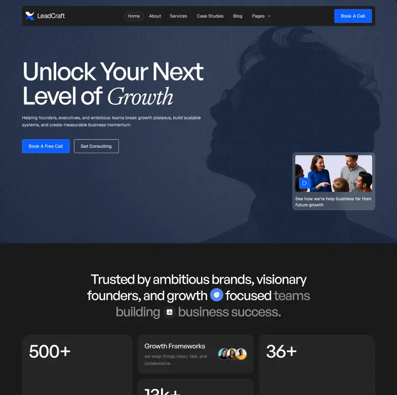 LeadCraft homepage with growth-focused team message, call to action buttons, and brand trust stats.