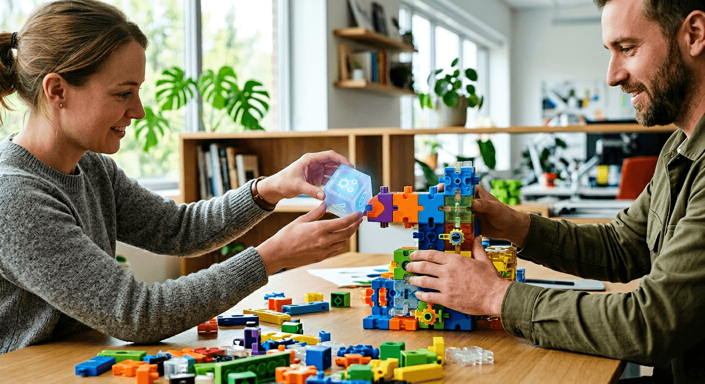 Two people collaborating on modular workflow building blocks at a desk, assembling colorful automation templates in a bright workspace