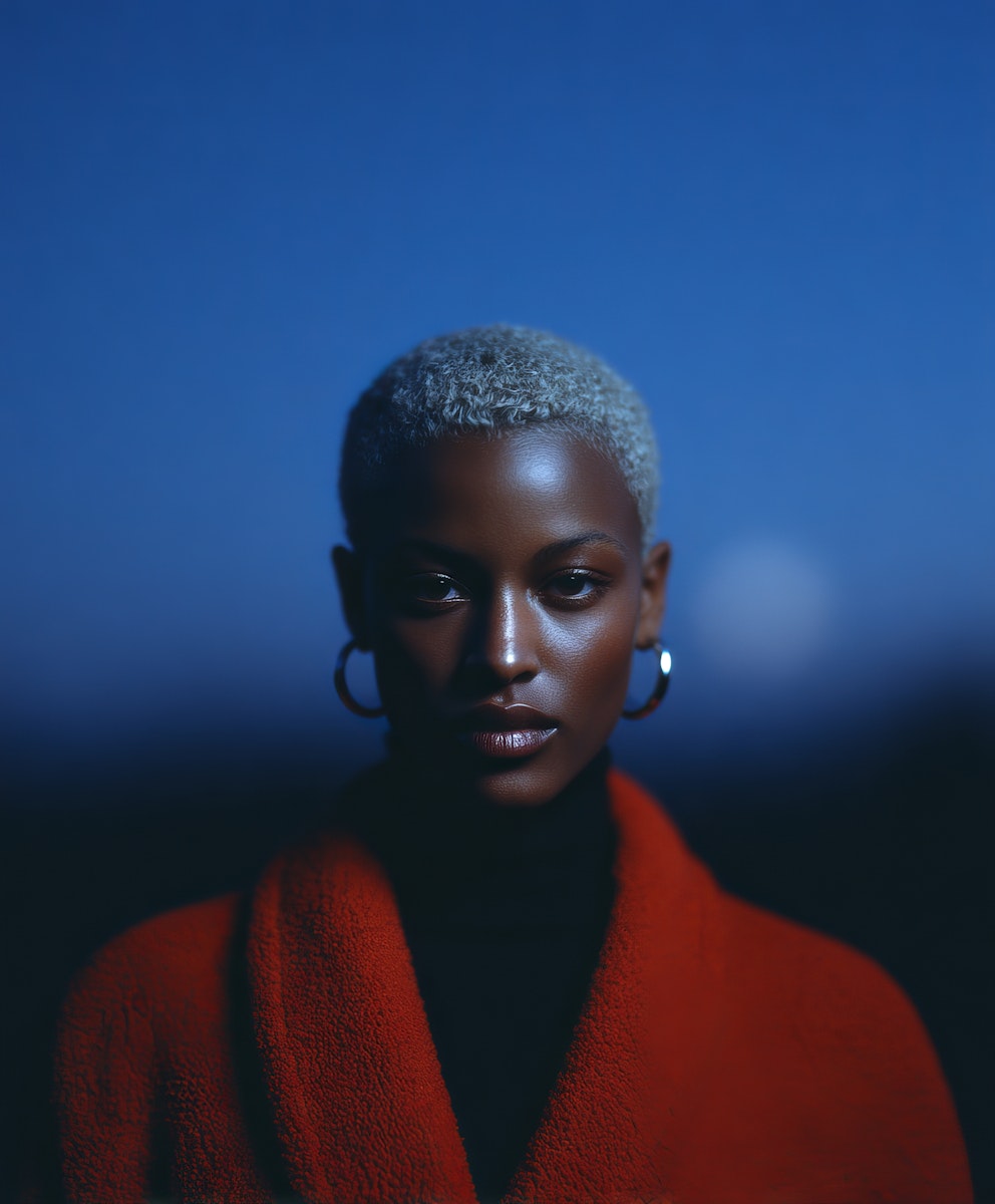 Black woman with a blonde buzz cut and hoop earrings wearing a red coat against a moody, dark blue night sky.
