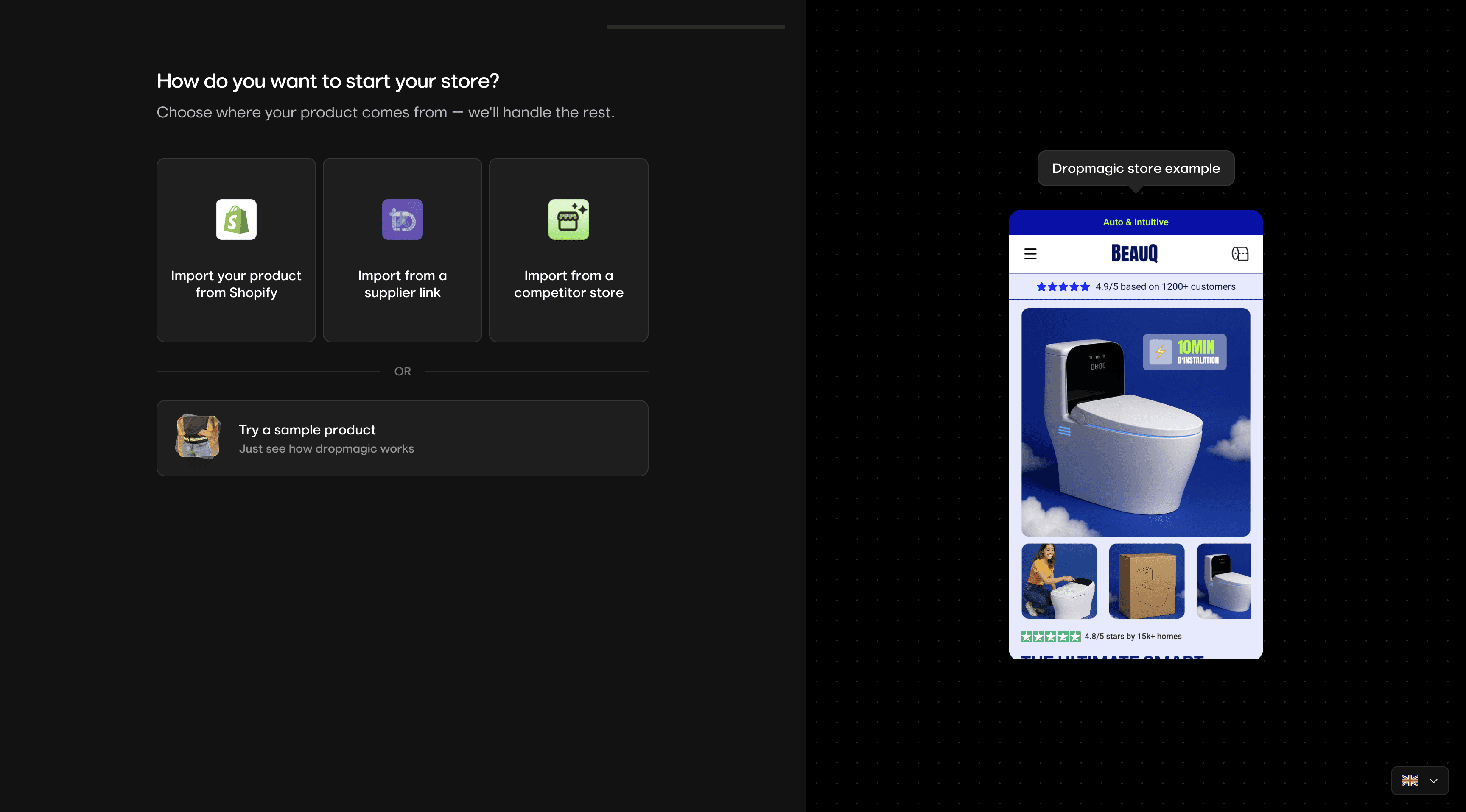 Dropmagic Start to create a shopify store with AI