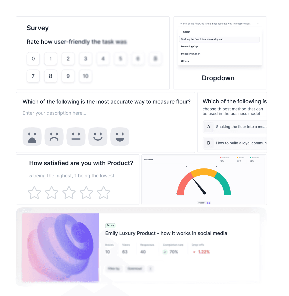 Online survey and feedback dashboard showing various UI elements including a Net Promoter Score (NPS) gauge, star ratings, and emoji satisfaction scales. The interface displays data analytics for customer responses, completion rates, and drop-offs for a luxury product campaign. Multiple input styles like dropdown menus and numerical scales highlight a comprehensive user experience research tool.