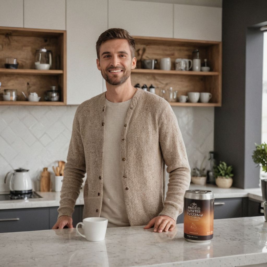 Coffee bean product photo with a man in the background, made with Caspa AI
