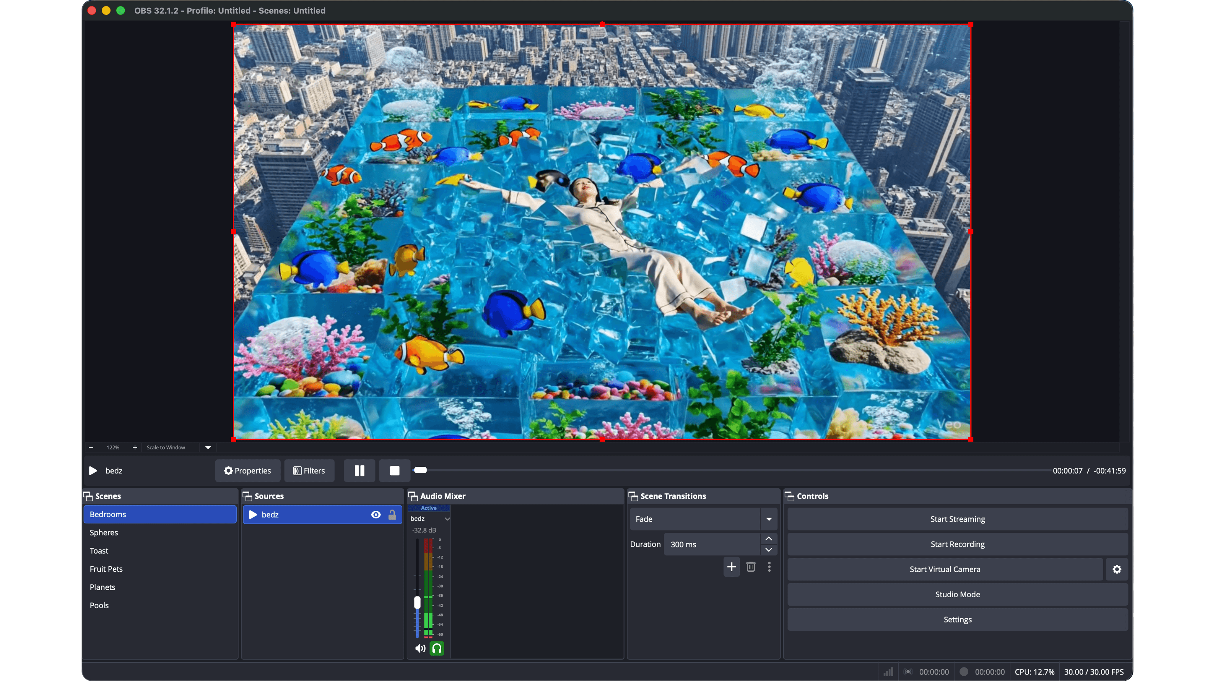 OBS broadcast console showing scenes, audio mixer, and stream controls