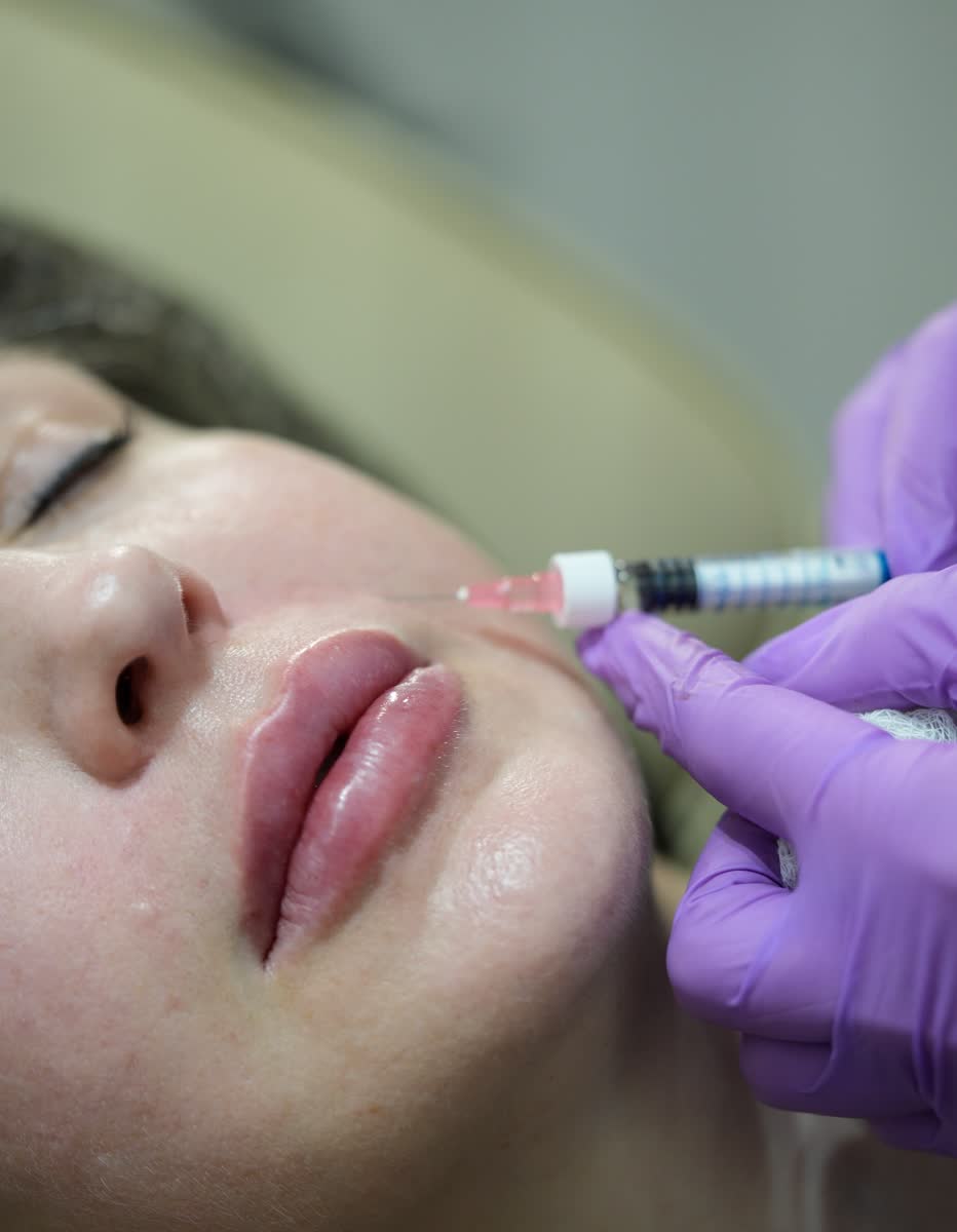 Preenchimento labial em paciente-modelo durante a prática