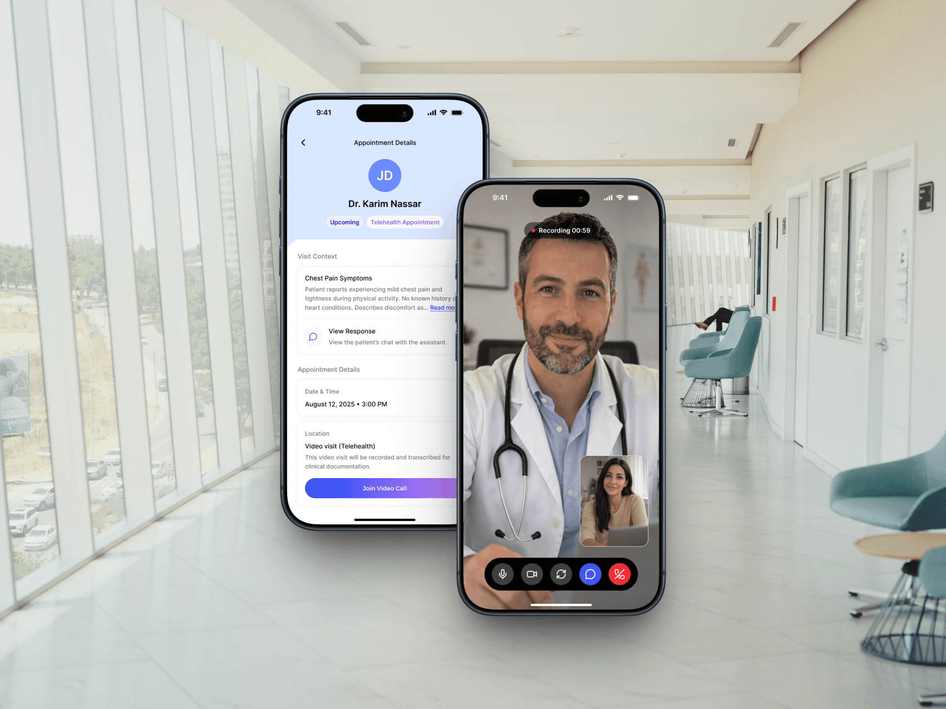Screenshot of the AI Health Clinic telehealth screen showing a live video consultation with a doctor on a mobile phone.