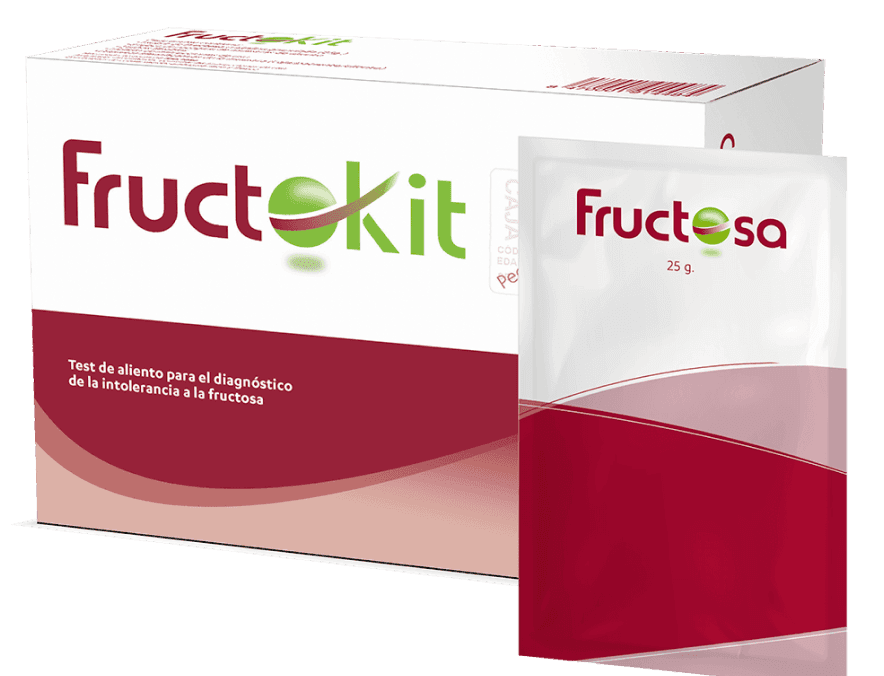 Envase del FRUCTO‑KIT de Isomed Pharma — kit de aliento para el diagnóstico de intolerancia a la fructosa, con sobre de fructosa cristalina granulada y tubos para recogida de aire espirado.