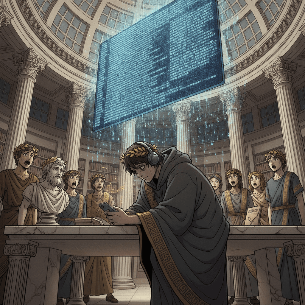 Overwhelmed student drowning in an endless wall of AI chat text while golden sparks from a smartphone scatter uselessly in a neoclassical library