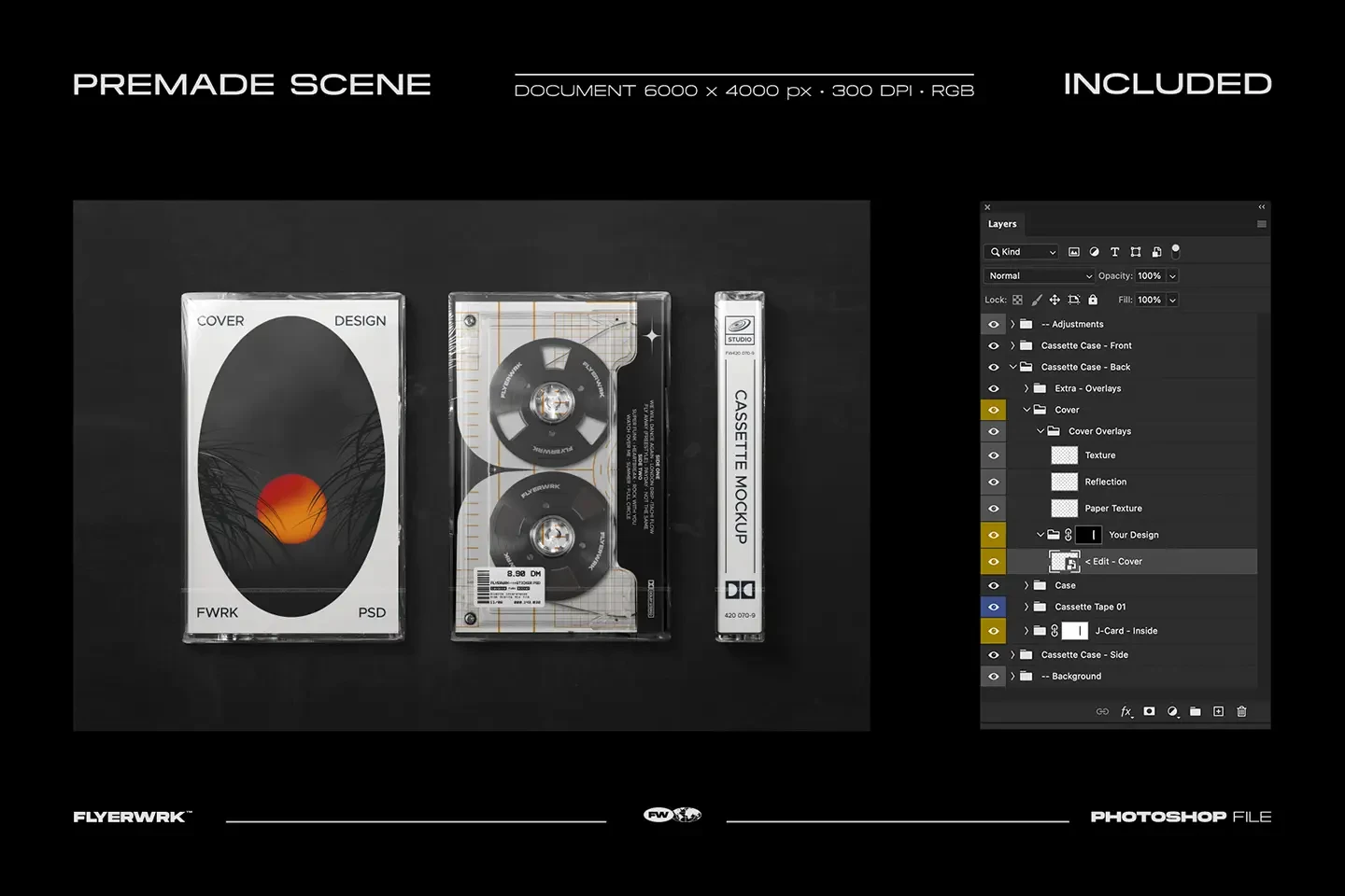 Premade Photoshop scene featuring the sealed audio cassette mockup with organized layer folders.