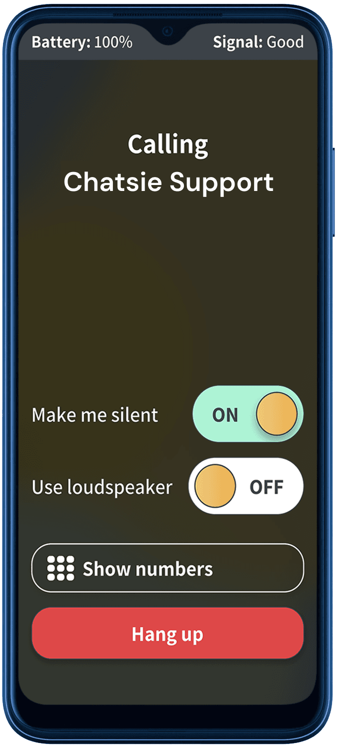 Phone screen showing option to manage Chatsie settings online, with instructions and a button to generate an access code.