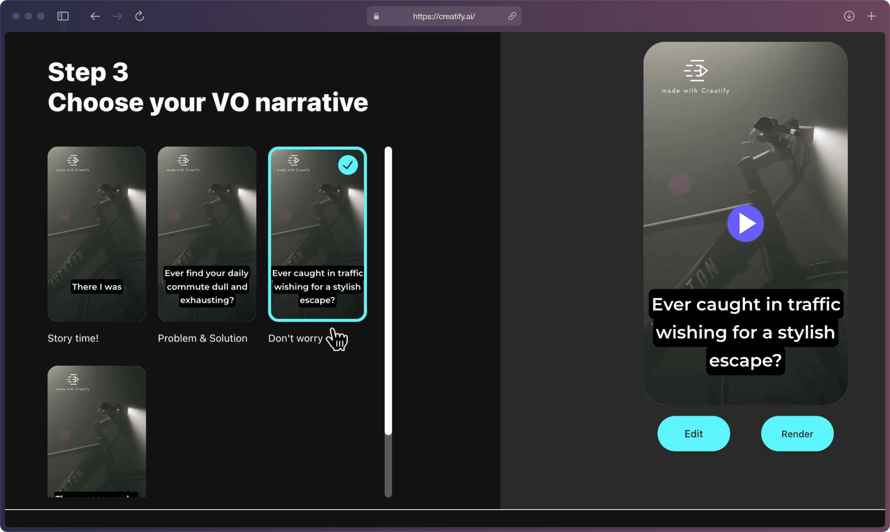 A screenshot of Creatify AI app on the “Choose a style” page showing several visual styles in brackets on the left, and a large preview on the right with play button.