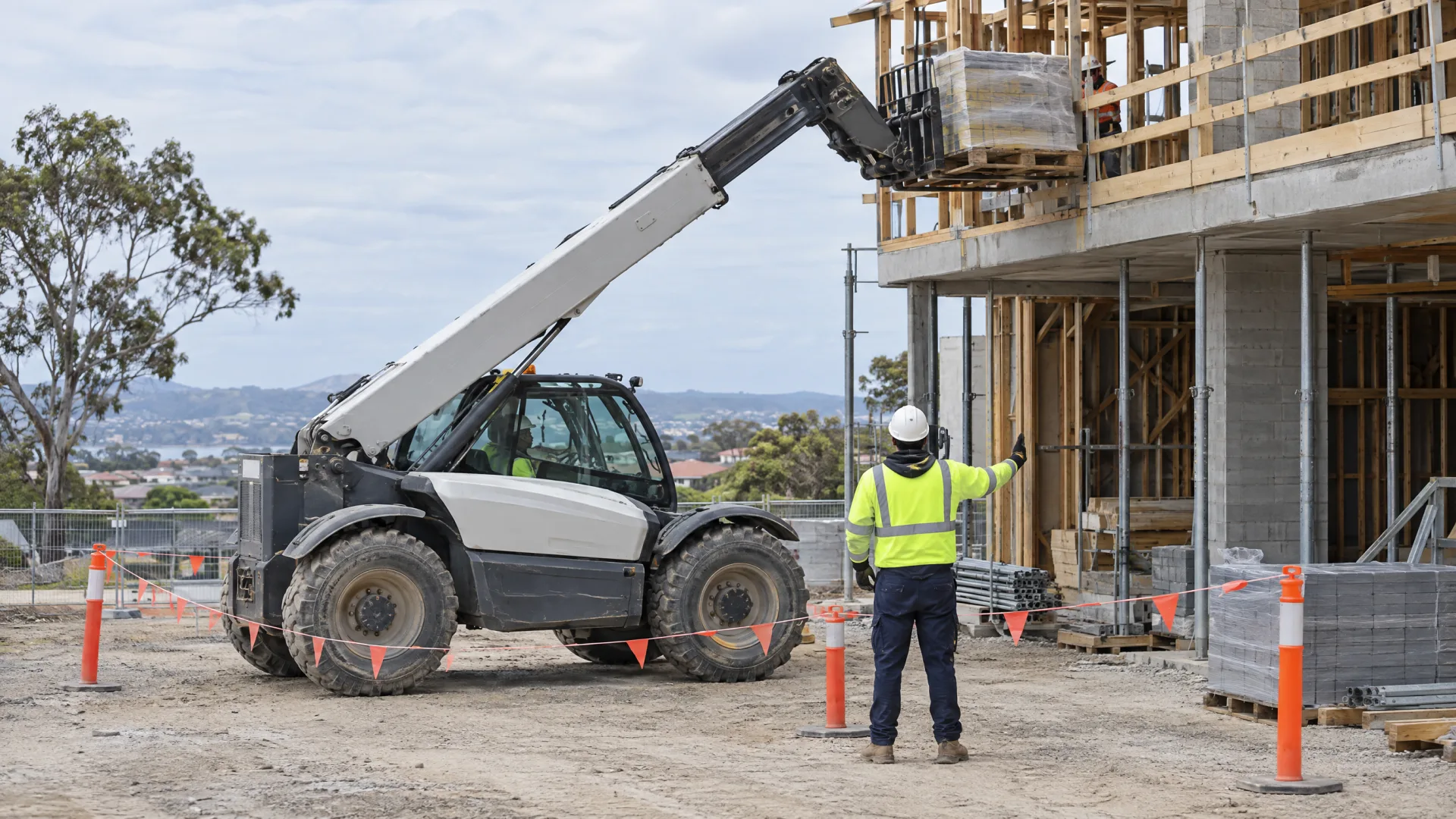 Telehandler lifting a pallet of materials to an upper floor while a spotter controls the exclusion zone