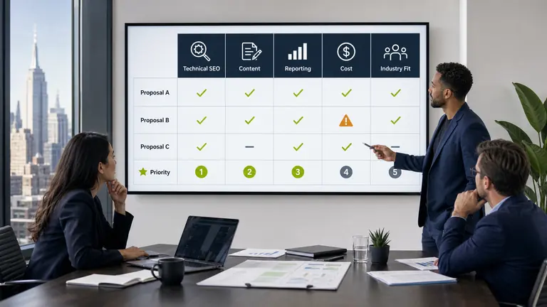 Business team comparing SEO company proposals by technical SEO, content, reporting, cost, and industry fit