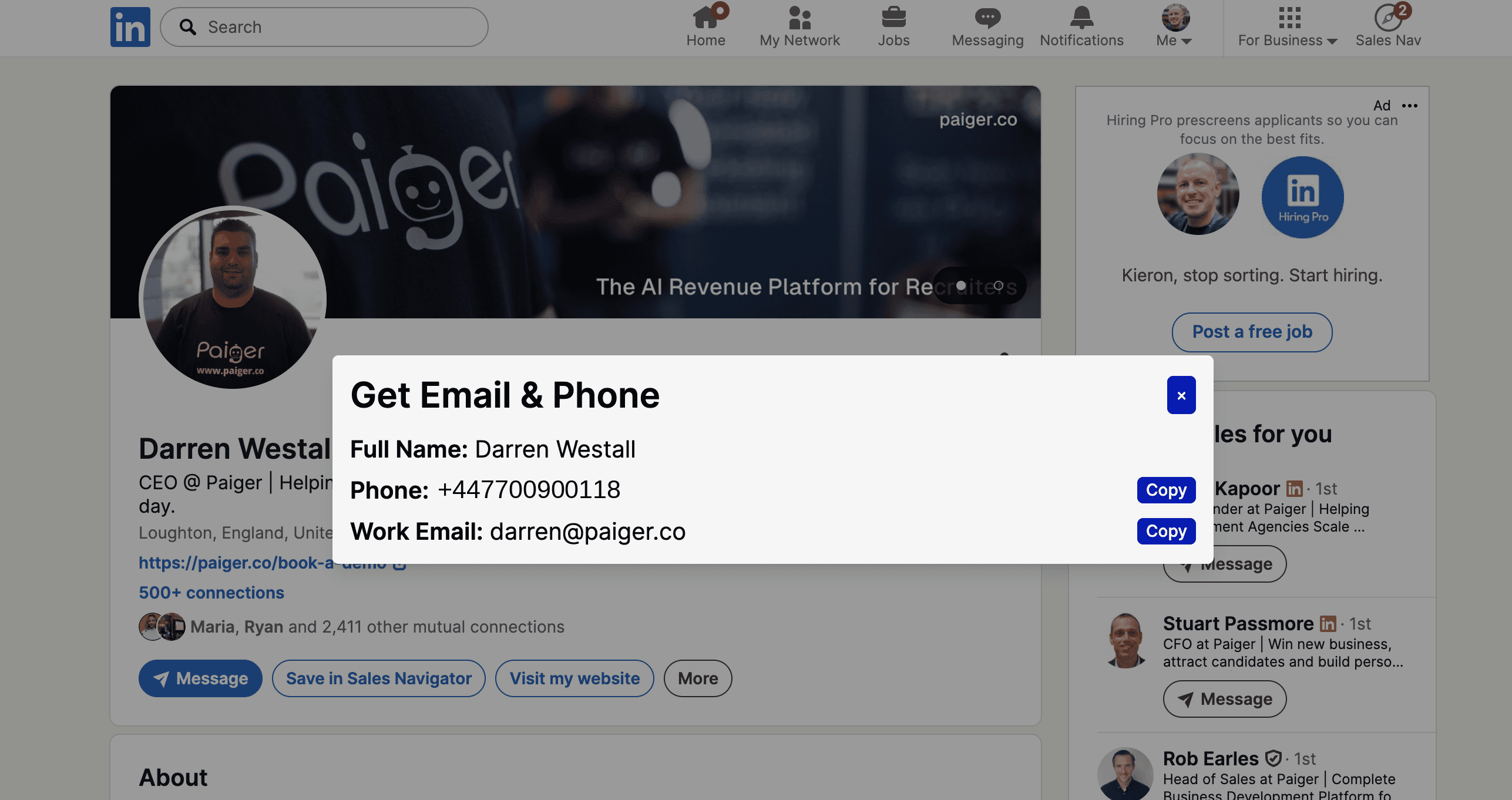 Contact Finder revealing a direct email and mobile number
