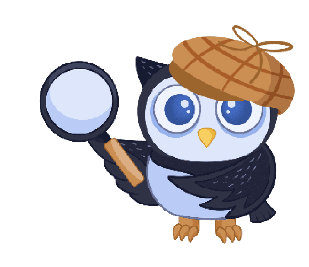 Owl mascot on a branch, holding a love letter in her beak