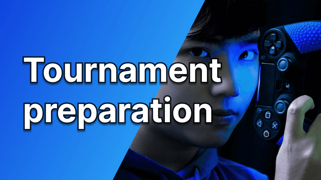 Person looking at the camera holding a Playstation 4 controller with the text "Tournament preparation"