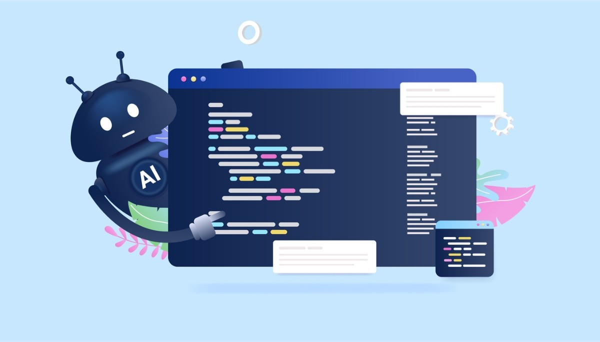 Illustration of a friendly AI robot labeled “AI” interacting with a large computer screen filled with colorful code, surrounded by smaller windows and gears, symbolizing the rise of AI‑powered code generation tools and agentic coding trends shaping software development in 2026.