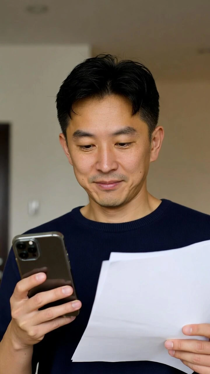 Um homem adulto comparando informações que estão no celular e em um papel