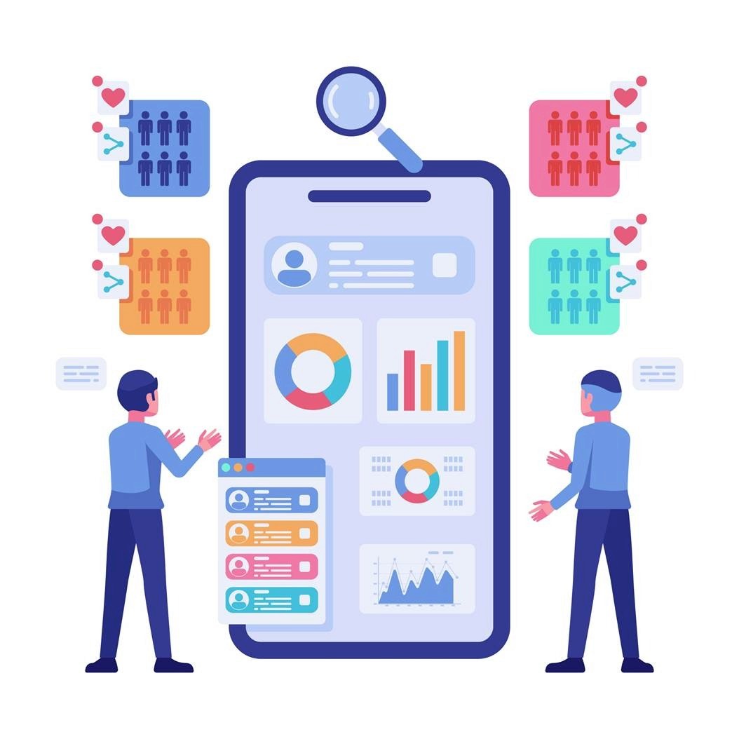 Flat illustration of two marketers reviewing creator profiles and analytics on a large phone screen for influencer discovery