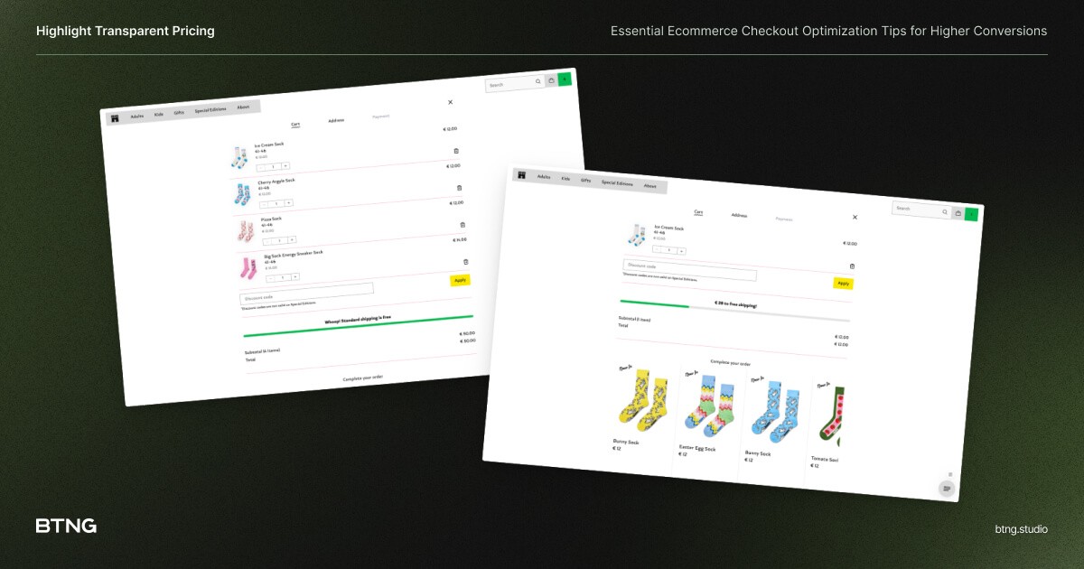 The images shows two screenshots from the Happy Socks webshop. It gives a clear indication when shipping becomes free.