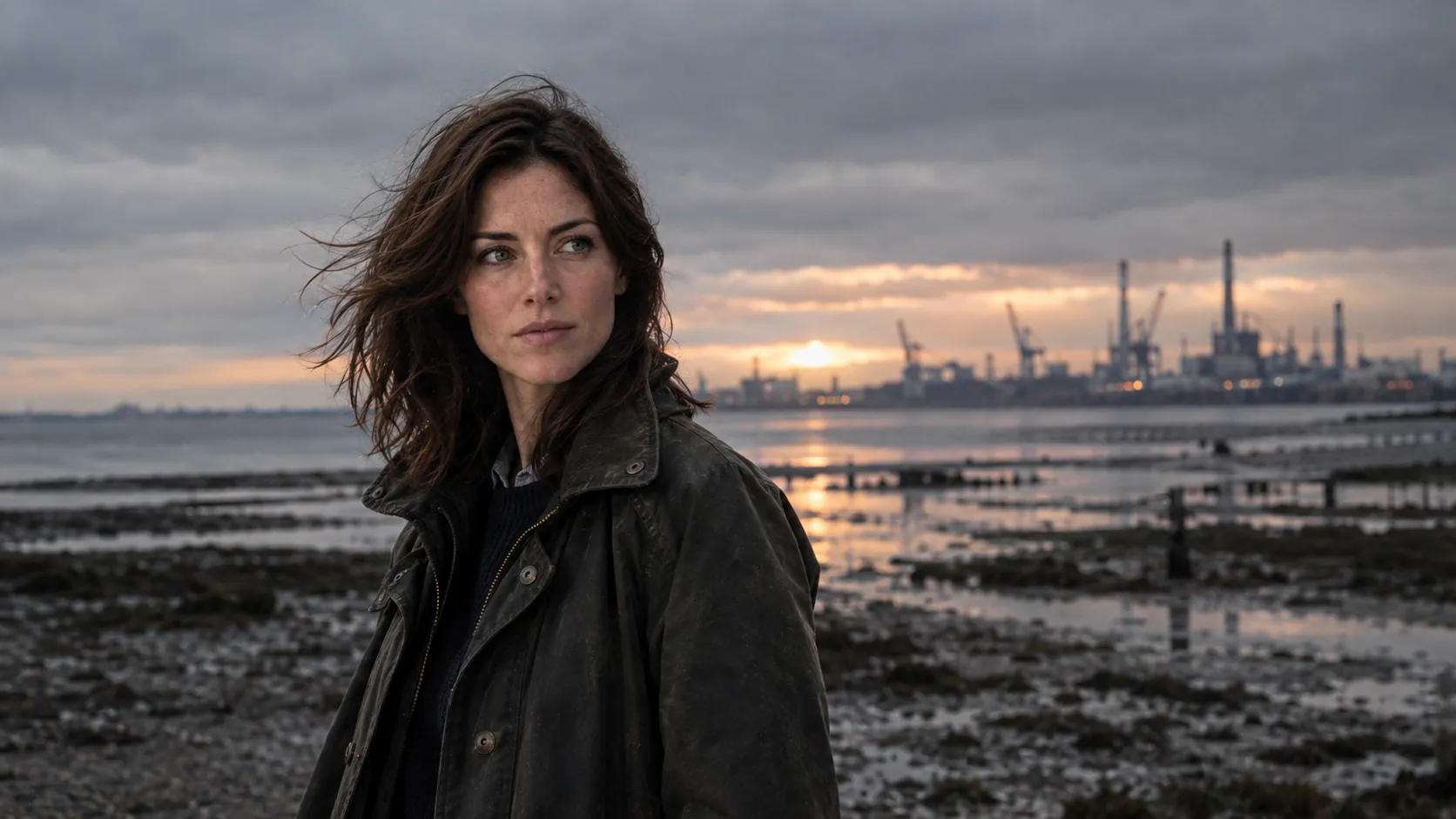 Ada as a detective on the Humber mudflats at dusk