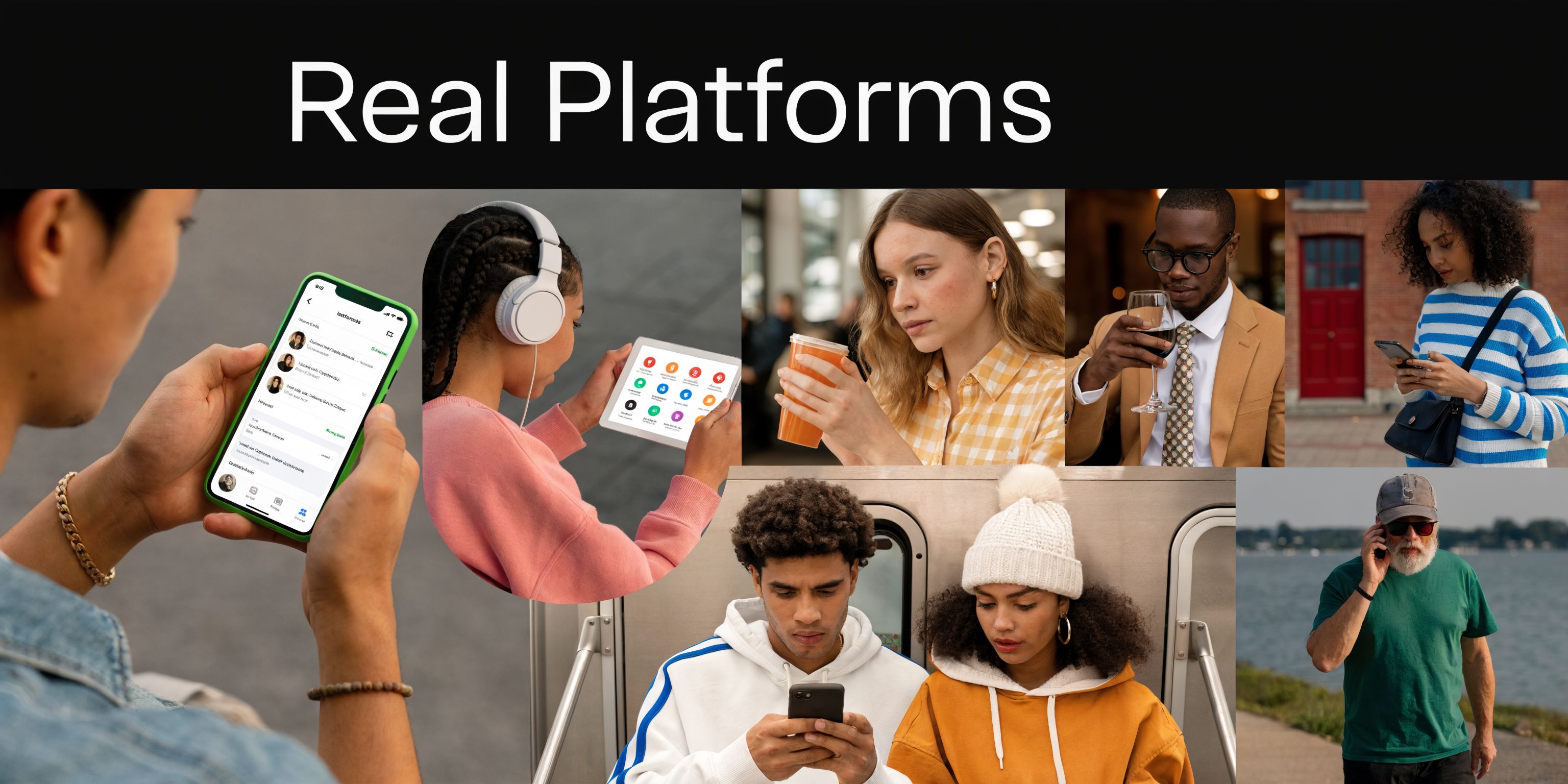 A collage showing diverse individuals using various digital devices like smartphones and tablets in different settings.